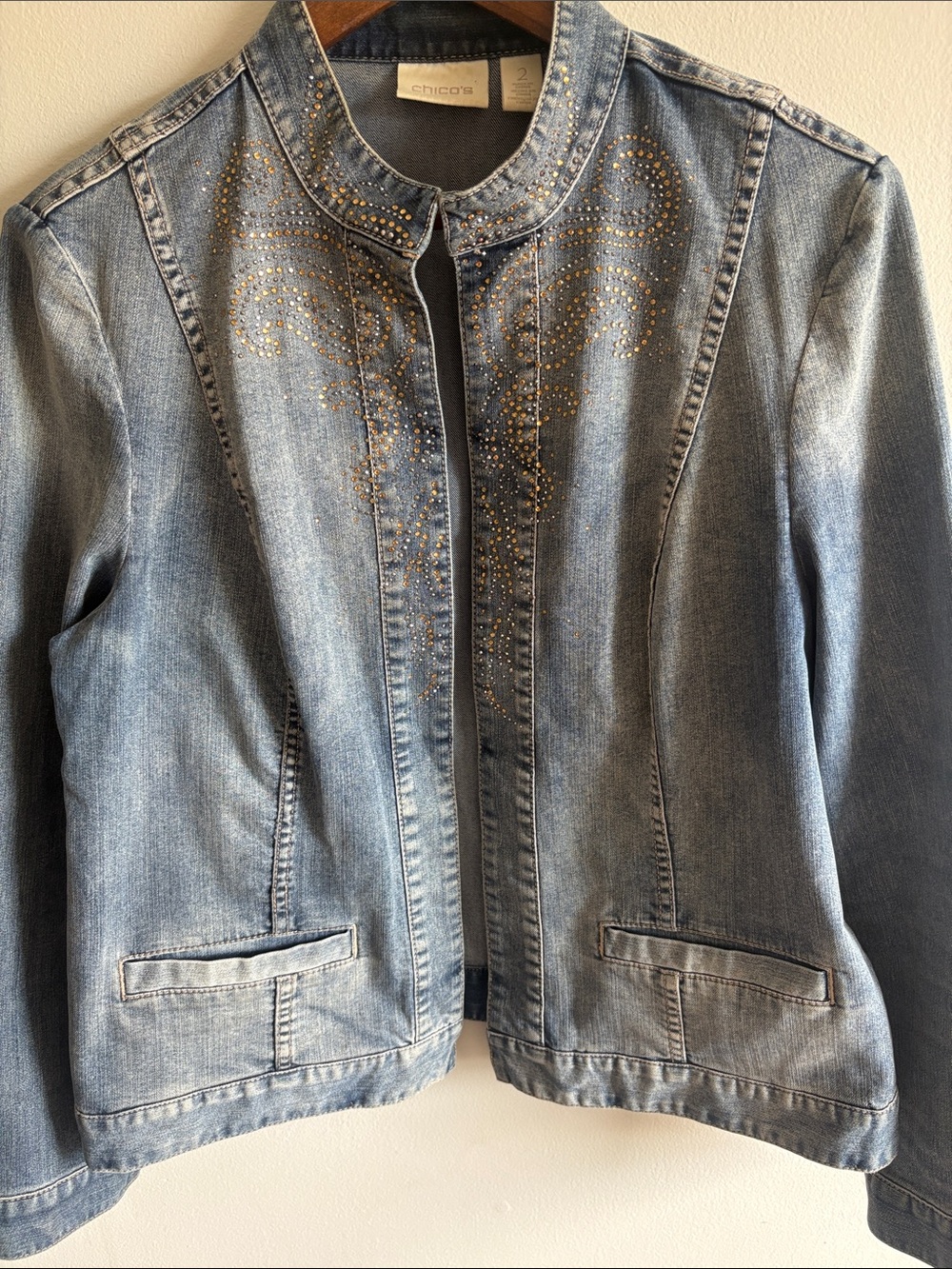 Chico’s Embellished Denim Jacket Rhinestone Studded Light Wash 2